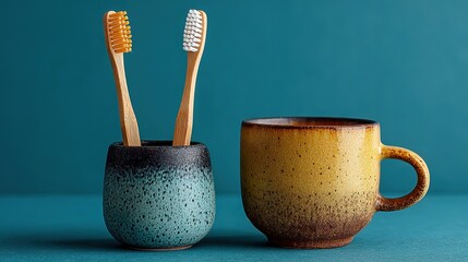 Two toothbrushes and a cup on a bathroom sink. Essential tools for daily oral hygiene and dental care.