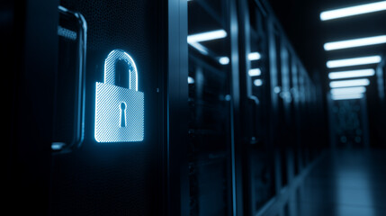Cybersecurity and Data Protection: A secure data center with glowing digital padlock icons on the server racks, symbolizing network security.