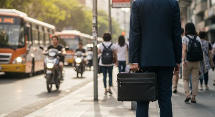City commuter with briefcase waits at a bus stop, surrounded by blurred urban activity on a sunny day.