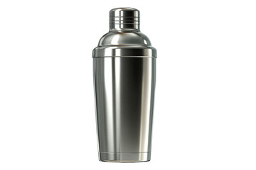 A silver cocktail shaker is sitting on a white background