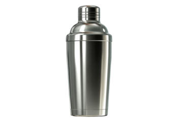 A silver cocktail shaker is sitting on a white background