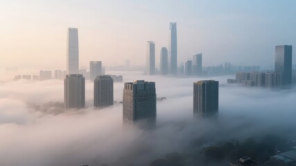 Naklejka premium Cityscape Emerging from Dense Fog with Tall Skyscrapers