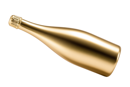 A gold bottle of champagne with a gold cap