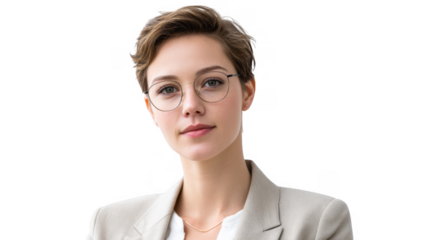 A professional young woman with short blonde hair and glasses poses confidently in a gray blazer. set against a clean white background. ideal for business or corporate themes