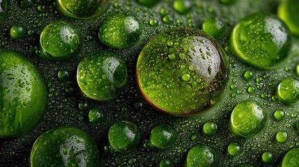  Various sizes of green water drops with transparency and reflection. Fresh and natural liquid elements in different dimensions.