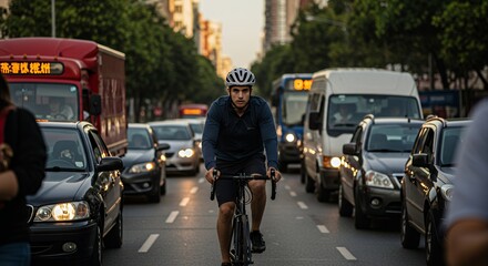 Cyclist Navigates City Traffic During Evening Commute