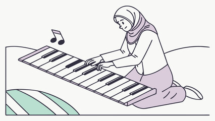 Woman in hijab plays a giant piano keyboard outdoors, surrounded by a serene, artistic landscape with floating music notes.