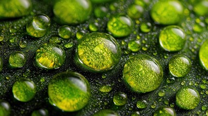  Various sizes of green water drops with transparency and reflection. Fresh and natural liquid elements in different dimensions.