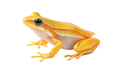 Obraz premium A vibrant yellow frog with striking black eyes sits gracefully on a pristine white background. showcasing its natural beauty and unique coloration. ideal for educational and wildlife-themed projects