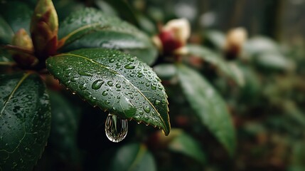 Water drop on camellia leaf. A delicate natural scene of freshness and vitality.