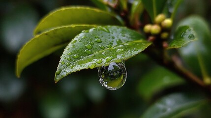 Water drop on camellia leaf. A delicate natural scene of freshness and vitality.