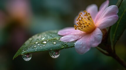 Water drop on camellia leaf. A delicate natural scene of freshness and vitality.