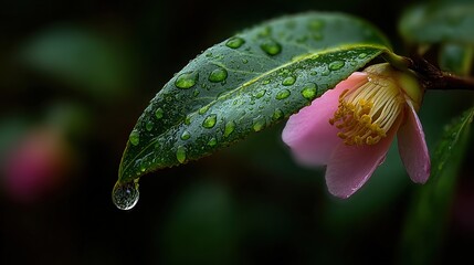 Water drop on camellia leaf. A delicate natural scene of freshness and vitality.