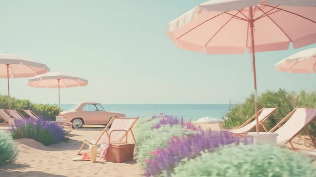 Beach scene with pink umbrellas, lounge chairs, and a vintage car near the ocean footage.