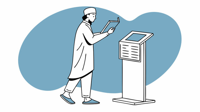muslim man reading book near information kiosk clip art preview