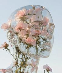 Transparent glass head with pink flowers inside looking up on light blue background