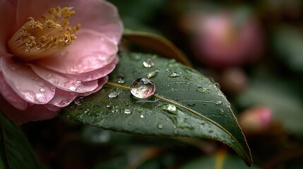 Water drop on camellia leaf. A delicate natural scene of freshness and vitality.