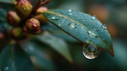 Water drop on camellia leaf. A delicate natural scene of freshness and vitality.