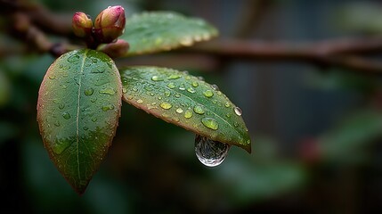 Water drop on camellia leaf. A delicate natural scene of freshness and vitality.