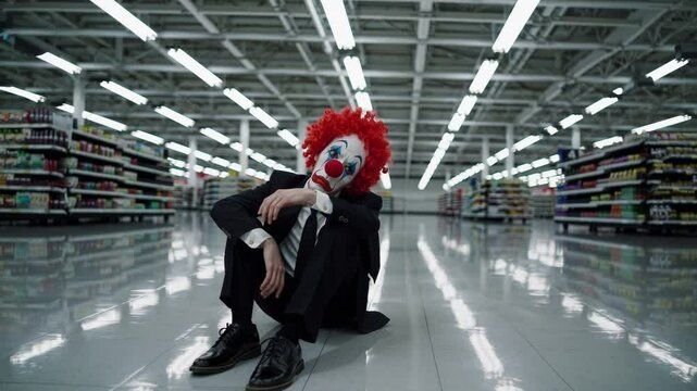  Clown assis seul au milieu d&rsquo;un supermarch&eacute; vide
