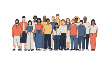 Diverse group of people standing together wearing casual clothing facing forward.