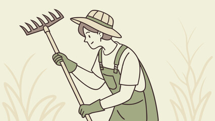 Happy gardener raking garden soil, wearing hat and overalls, flat design illustration