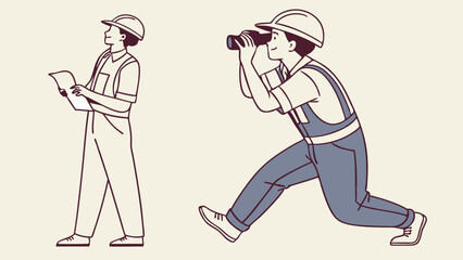 Fototapeta premium Construction Workers & Engineers: Reviewing Plans and Observing Site with Binoculars. Building & Development Concept.