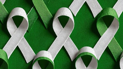 White ribbons elegantly placed on a vibrant green background. A symbolic representation of peace, hope, and awareness.