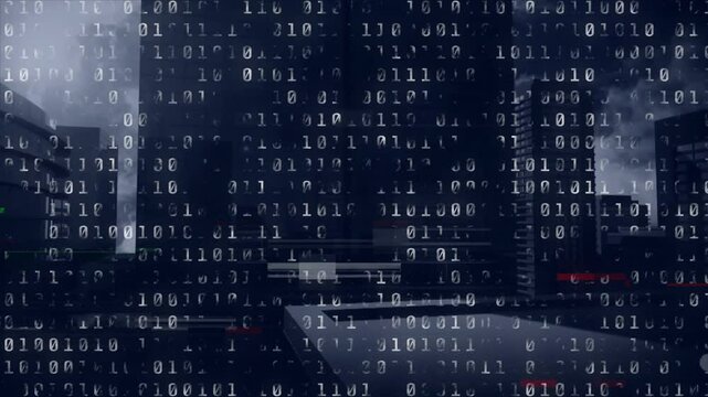 Binary digits appearing over towers starting code cascade, glitch bars flashing showing takeover