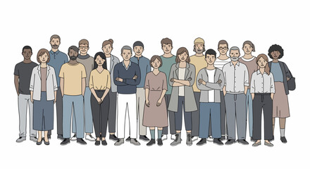 Diverse group of standing people in casual attire handdrawn style illustration.