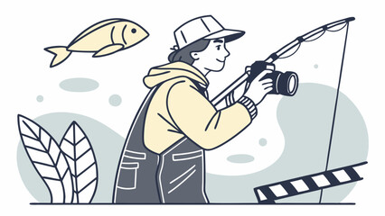 Creative Content Production Concept: Person Angling for Shots with Camera on Fishing Rod and Film Clapperboard