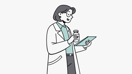 Healthcare Professional in Lab Coat with Medicine Bottle & Tablet. Pharmacist, Scientist, Medical Research Illustration.