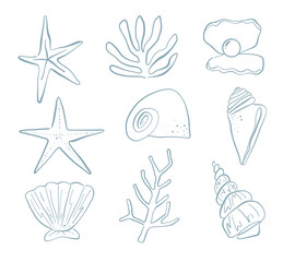 Line Art Ocean Creature And Seashell. Aesthetic line art collection featuring sea creatures coral branches spiral shells pearl oysters and more. Perfect for marine patterns ocean and beach projects