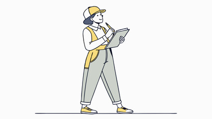 Fototapeta premium Thoughtful Person Writing on Clipboard in Work Attire - Planning & Problem Solving Minimalist Illustration