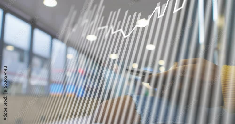Poster analyst tapping smartphone behind glass partition while monitoring animated finance chart rising