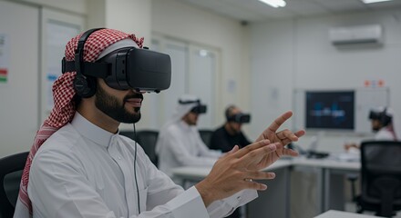 Immersive Virtual Reality Experience: A Man in Traditional Clothing Explores a Digital World
