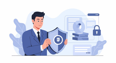 Illustrated man holding shield with data protection elements and foliage.