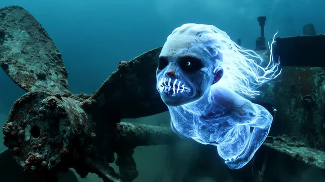 A terrifying demon or soul in the deep ocean, a cinematic horror scene.
