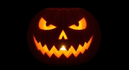 Fototapeta premium Halloween jack-o'-lantern with scary face glowing in the dark