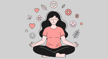 Meditating woman with black hair surrounded by hearts flowers leaves and smiley face icons.