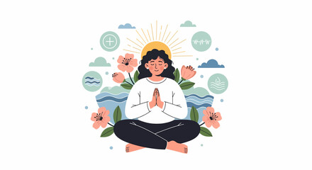 Serene Woman Meditating Amidst Floral Accents and Symbolic Elements.