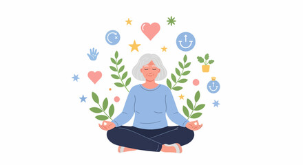 Serene senior woman meditating with symbolic elements of wellness and mindfulness.