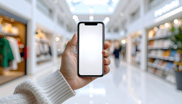 Hand Holding Blank Screen Smartphone in Modern Mall, White Background