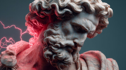 Ancient Greek God Statue with Red Lightning Effect and Dramatic Expression