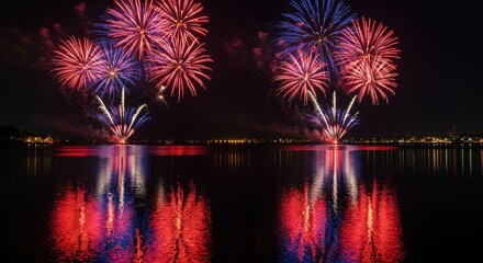 Fototapeta premium Colorful fireworks reflection on water at night