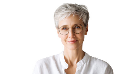 A smiling elderly woman with gray hair and glasses. wearing a white blouse. poses confidently against a soft. neutral background. conveying warmth and approachability for lifestyle or wellness themes