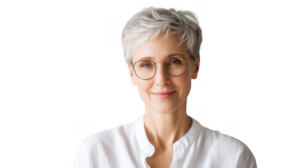 A smiling elderly woman with gray hair and glasses. wearing a white blouse. poses confidently against a soft. neutral background. conveying warmth and approachability for lifestyle or wellness themes