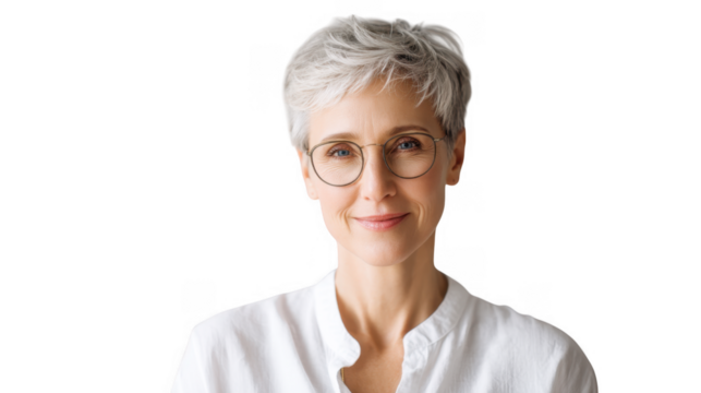A smiling elderly woman with gray hair and glasses. wearing a white blouse. poses confidently against a soft. neutral background. conveying warmth and approachability for lifestyle or wellness themes