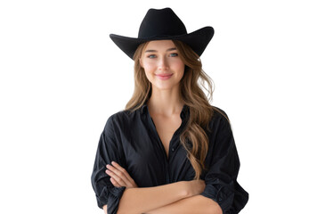 A confident young woman wearing a black cowboy hat and shirt stands with her arms crossed against a plain light background. exuding a sense of style and attitude perfect for fashion or lifestyle conte