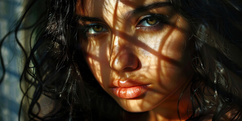 Close-up Portrait: Young Woman with Sunlight Shadows